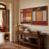 Festive Harmony SQ143 contemporary fiber wall art with vivid red, blue, yellow, and cream geometric details.