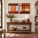 Festive Harmony navy blue, creamy yellow, and red textile wall art displayed in a bold modern interior.