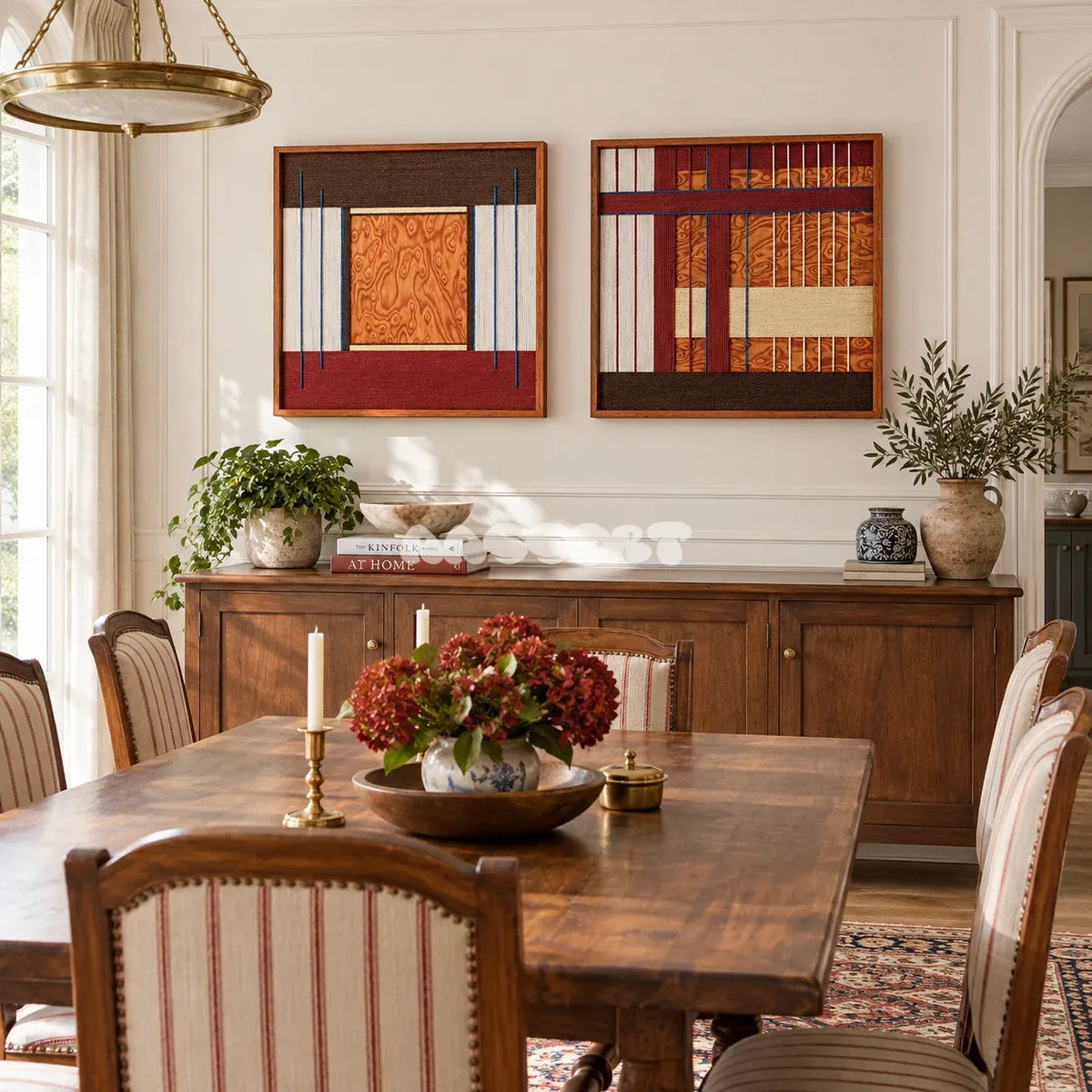 Framed Festive Harmony textile wall art with broad navy and yellow columns divided by vivid red stripes in a refined room.