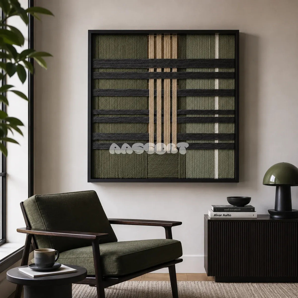 Verdant Silence SQ144 framed textile art with sage green, charcoal grey, warm beige, and white architectural yarn.