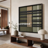 Verdant Silence SQ144 earthy architectural fiber artwork displayed in a serene contemporary home interior.