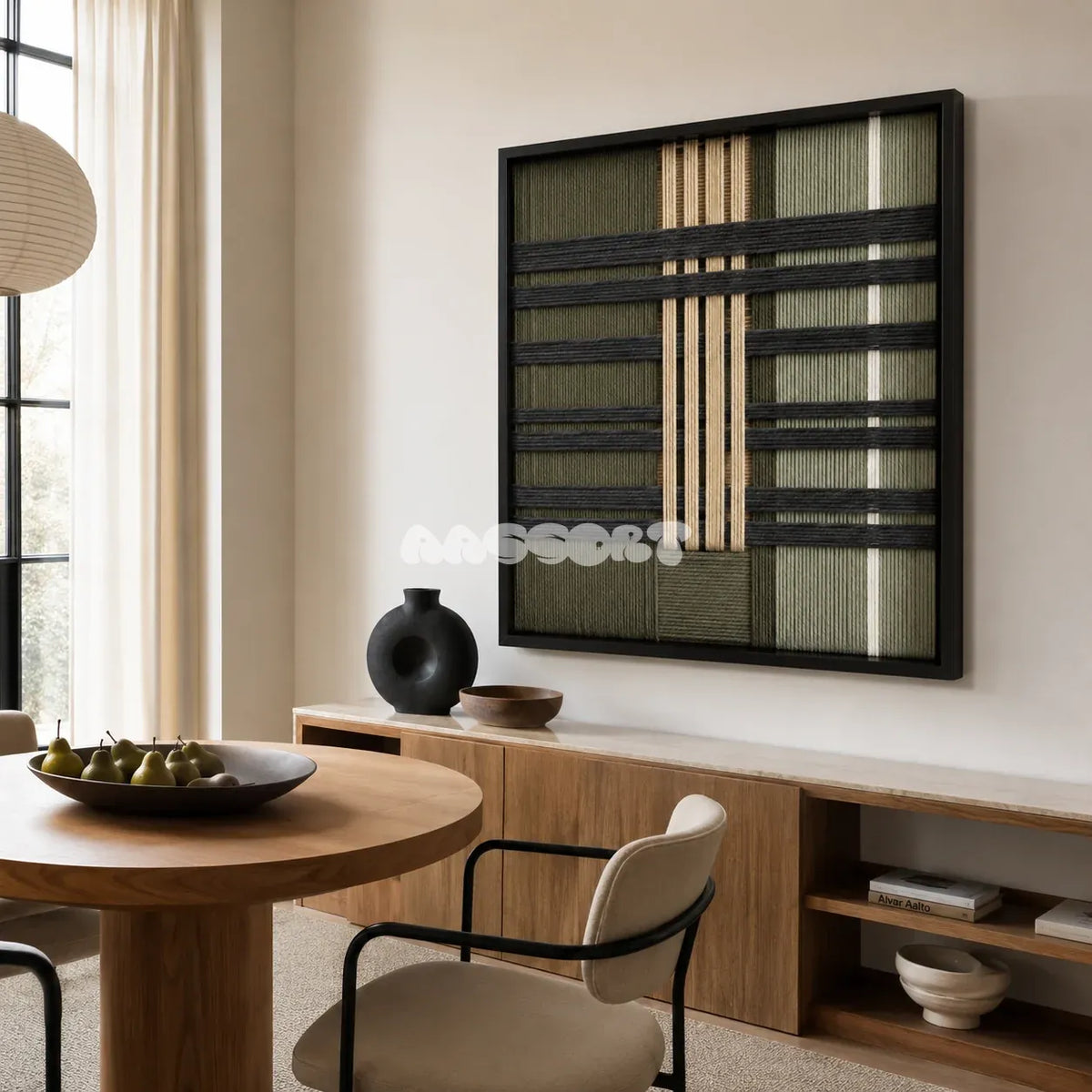 Verdant Silence SQ144 framed yarn wall art featuring warm beige pillars over sage green and charcoal stripes.