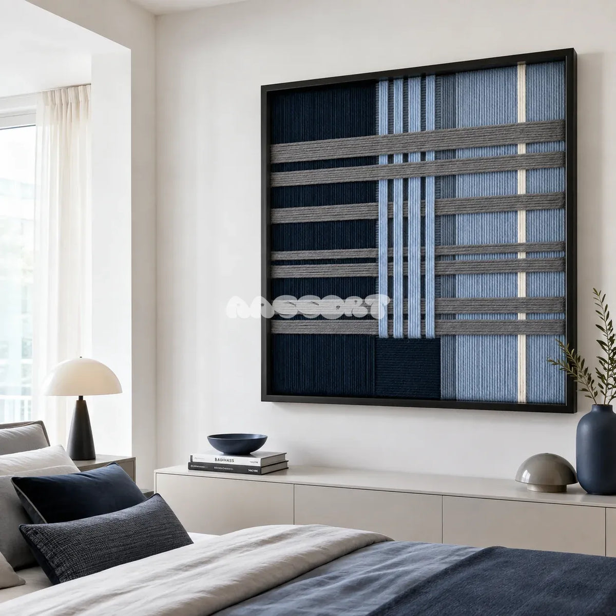 Starry Latitude SQ145 contemporary fiber wall art with deep navy, icy blue, and cream geometry.
