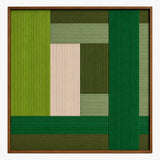 Front view of Garden Grid SQ148 layered lime, forest, sage, and cream geometric yarn wall art.