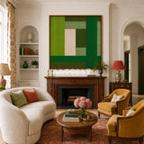 Garden Grid SQ148 framed textile art with lime green, forest green, sage, and natural cream geometric yarn.
