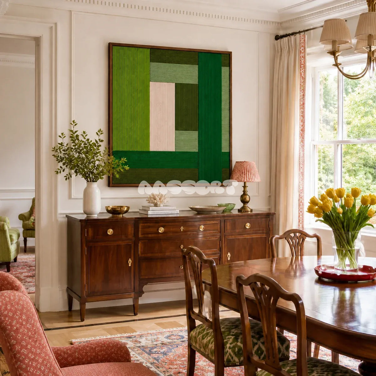 Garden Grid SQ148 nature-inspired textile artwork displayed as a vibrant modern interior statement piece.