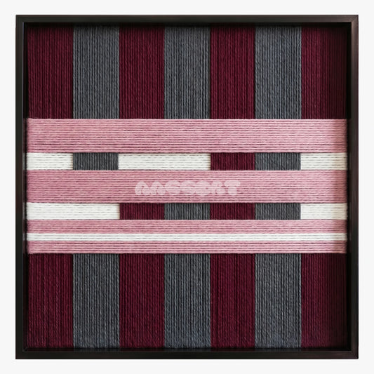 Paris Rouge framed textile wall art, featuring burgundy and charcoal vertical cotton cord bands crossed by dusty pink and ivory layers.
