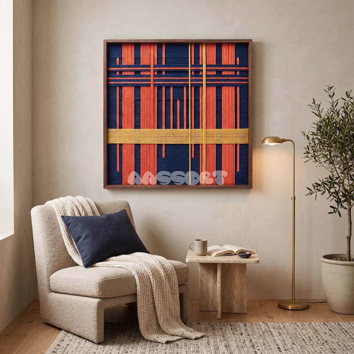 View of Constructed Mind framed textile wall art, featuring navy cotton cord with terracotta grid bands and a yellow vertical accent.