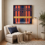 View of Constructed Mind framed textile wall art, featuring navy cotton cord with terracotta grid bands and a yellow vertical accent.