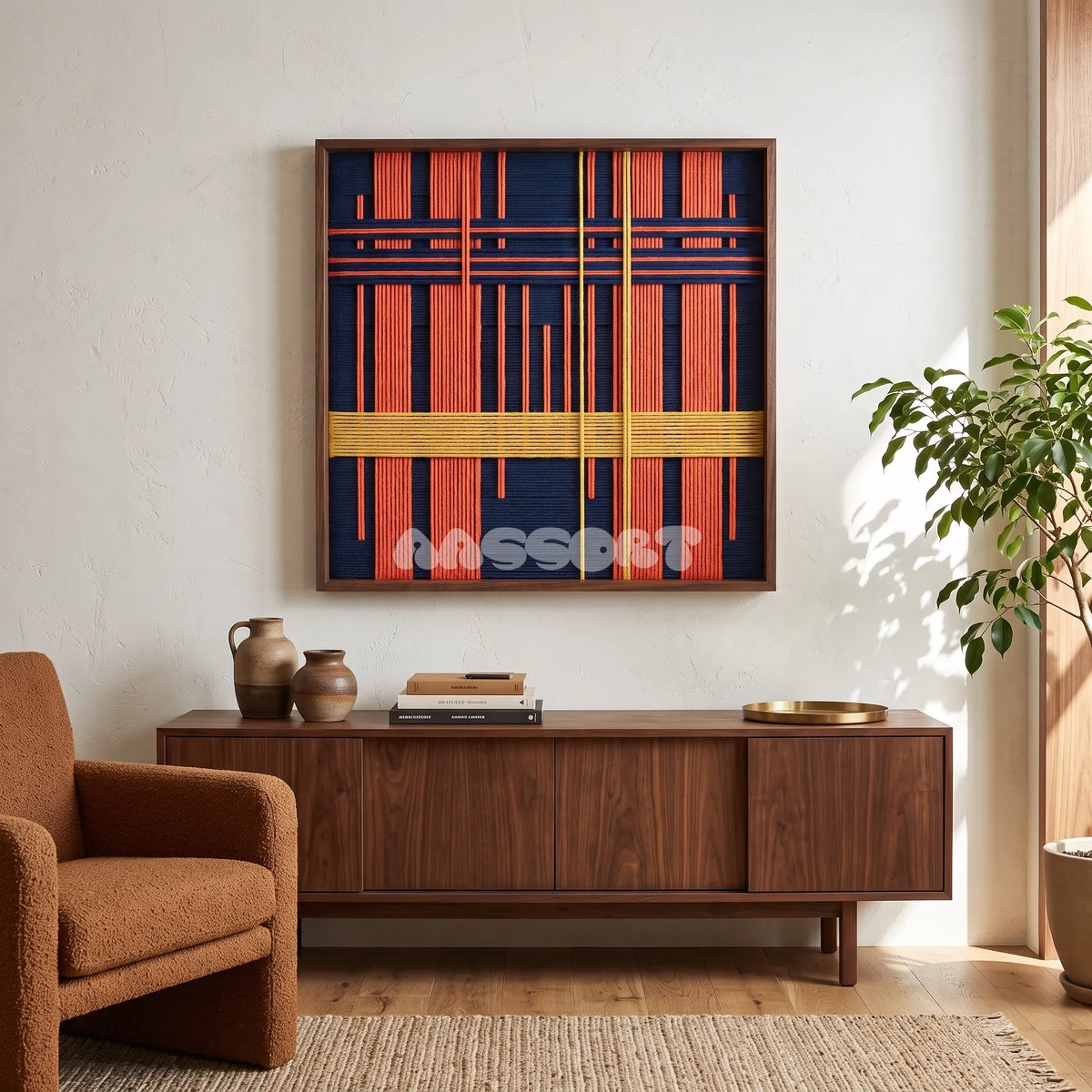 View of Constructed Mind framed textile wall art, featuring navy cotton cord with terracotta grid bands and a yellow vertical accent.
