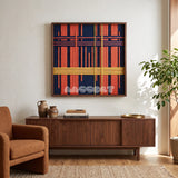View of Constructed Mind framed textile wall art, featuring navy cotton cord with terracotta grid bands and a yellow vertical accent.
