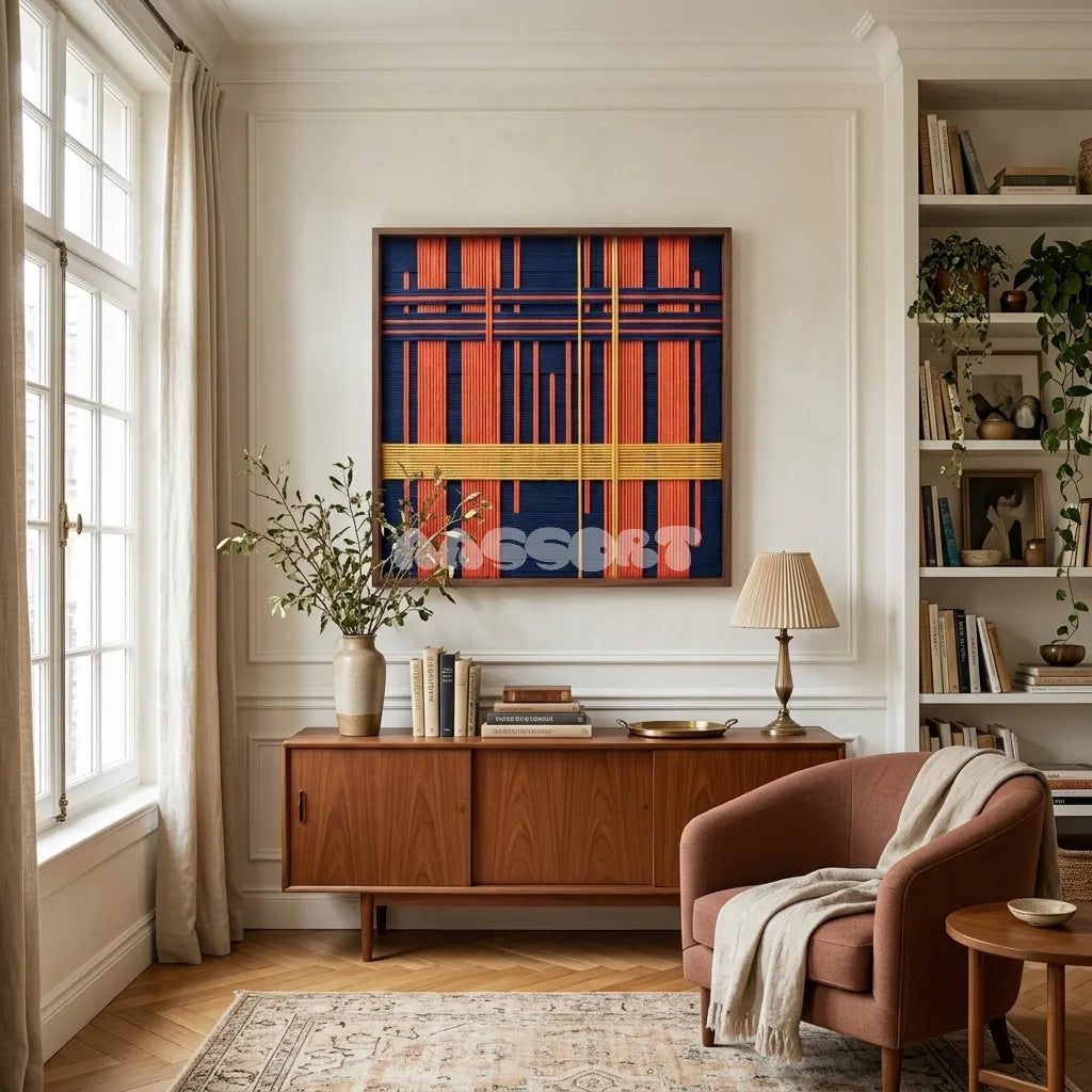 View of Constructed Mind framed textile wall art, featuring navy cotton cord with terracotta grid bands and a yellow vertical accent.