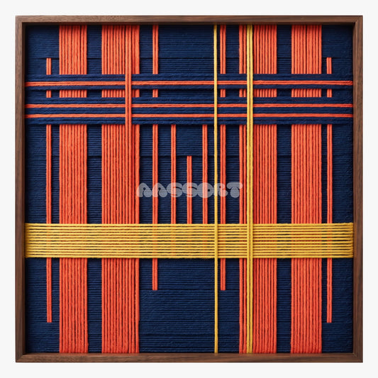 Constructed Mind framed textile wall art, featuring navy cotton cord with terracotta grid bands and a yellow vertical accent.