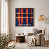 View of Silent Axis framed textile wall art, featuring navy, terracotta, and wheat yellow cotton cord arranged in an architectural grid.