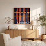 View of Silent Axis framed textile wall art, featuring navy, terracotta, and wheat yellow cotton cord arranged in an architectural grid.