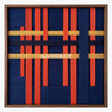 Silent Axis framed textile wall art, featuring navy, terracotta, and wheat yellow cotton cord arranged in an architectural grid.