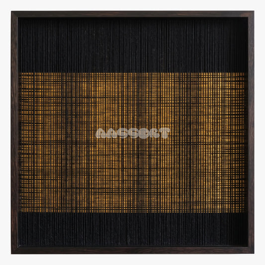 Golden District, framed textile wall art with a gold-toned crosshatched rectangle on black.