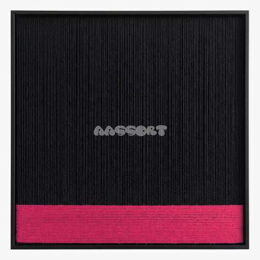 One Third, framed textile wall art with black vertical fibers above a bright pink lower band.