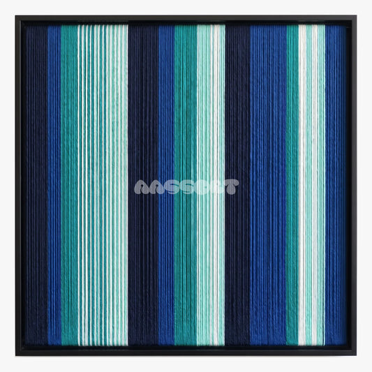 Soren Glacier, framed textile wall art with vertical stripes in navy, blue, turquoise and pale mint.