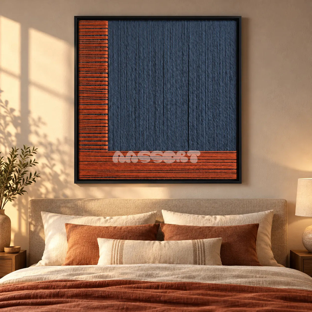 Held Space textile wall art displayed above a bed in a sunlit bedroom.