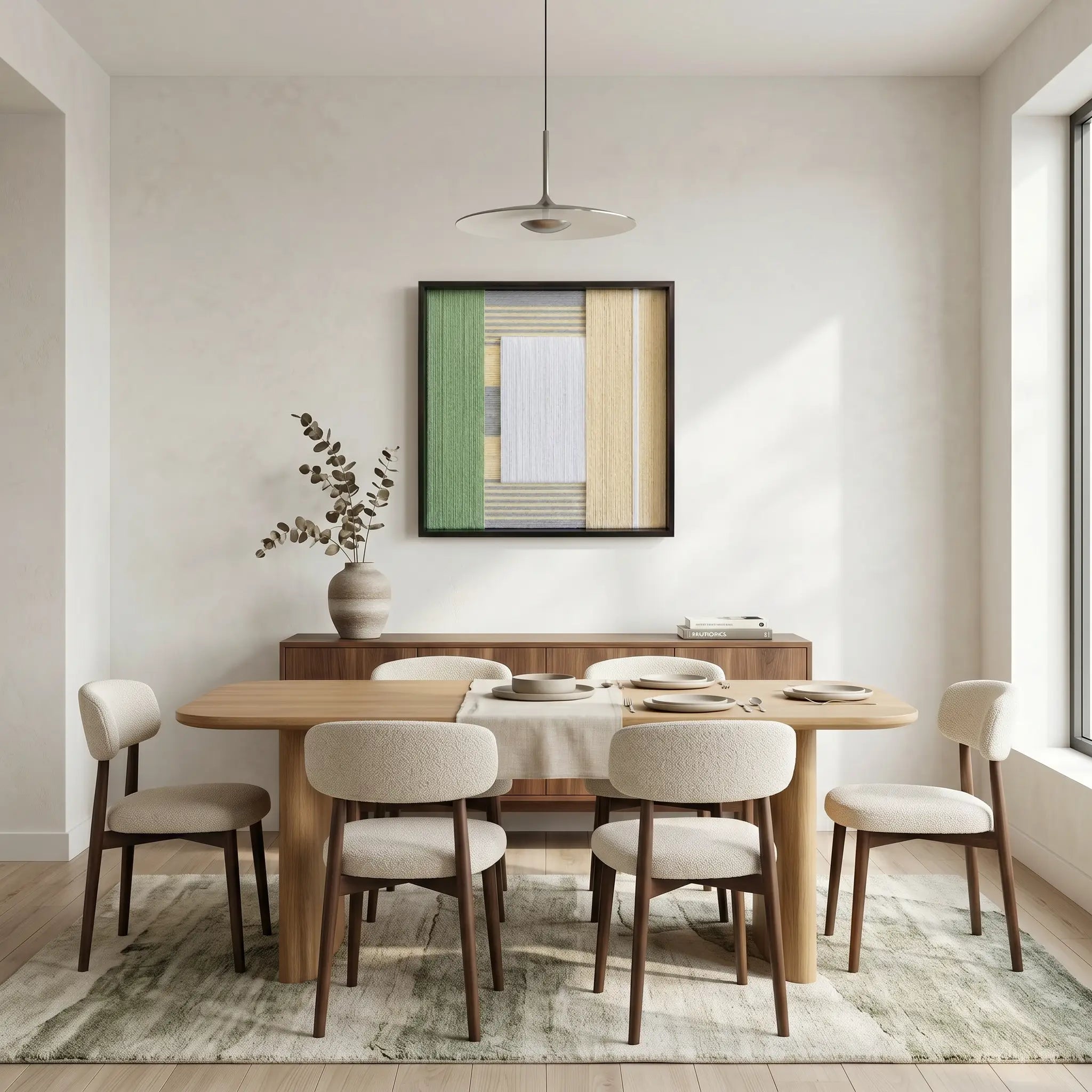 Modern framed wool tapestry styled in a contemporary dining room with light wood furniture and minimalist architectural details.