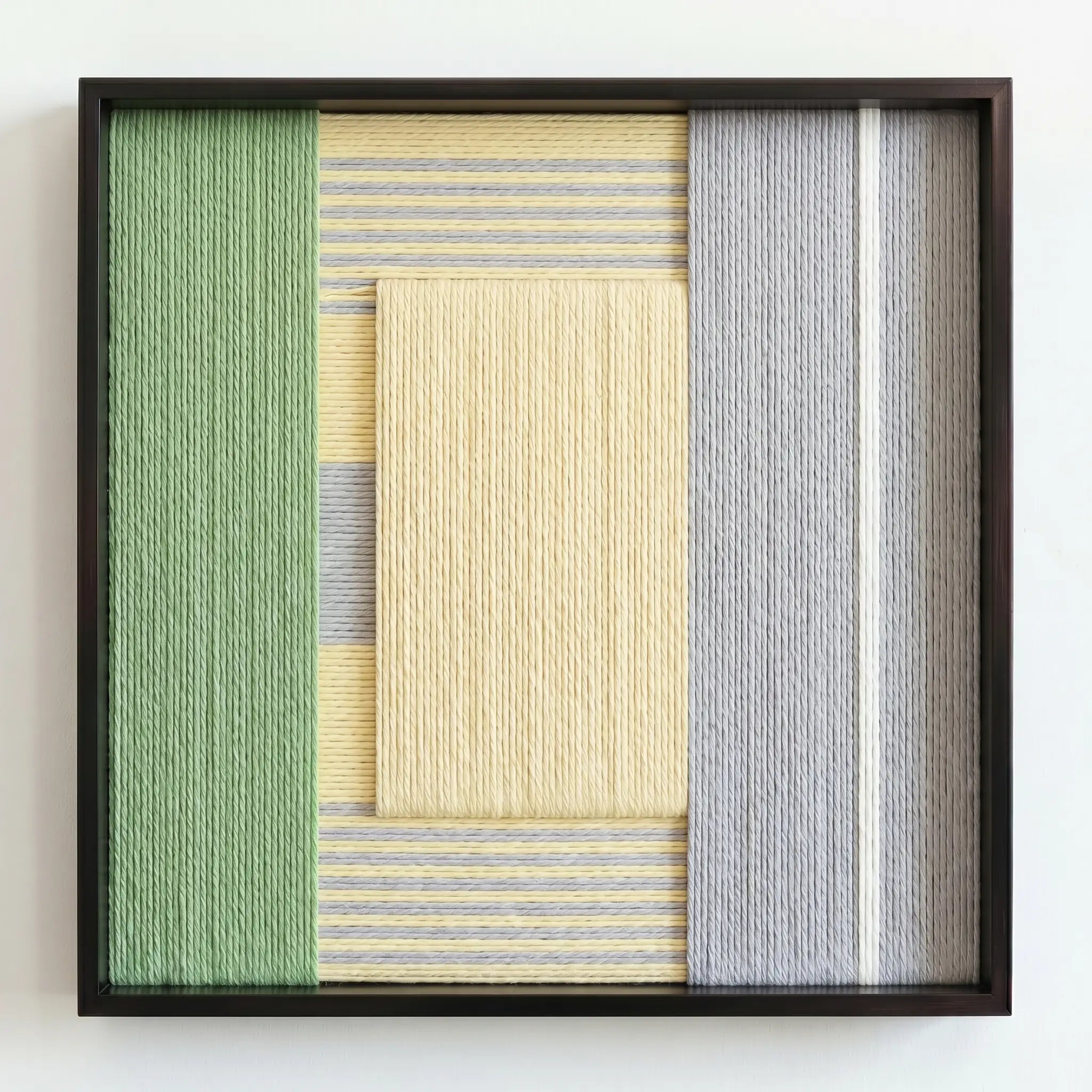Frontal studio shot of a variant of the Sun-Baked hand-woven wool wall art featuring muted grey and green tones in a black frame.