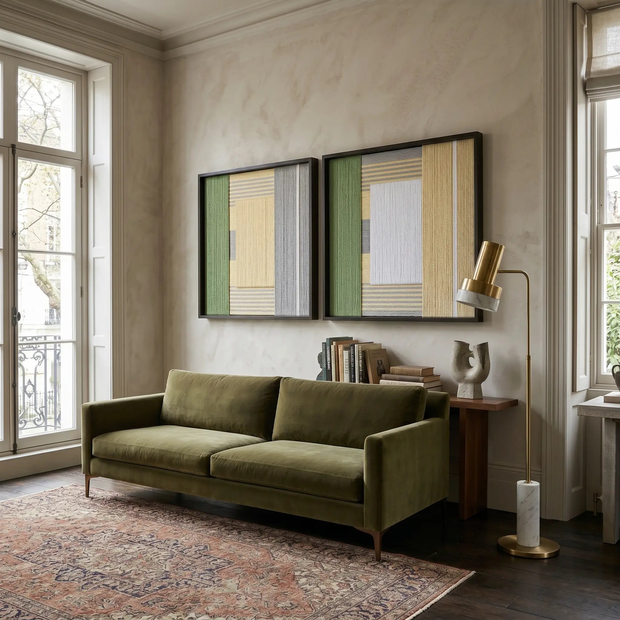 Set of two framed Sun-Baked hand-woven textile artworks hanging elegantly above an olive green sofa in a sunlit, modern living room.