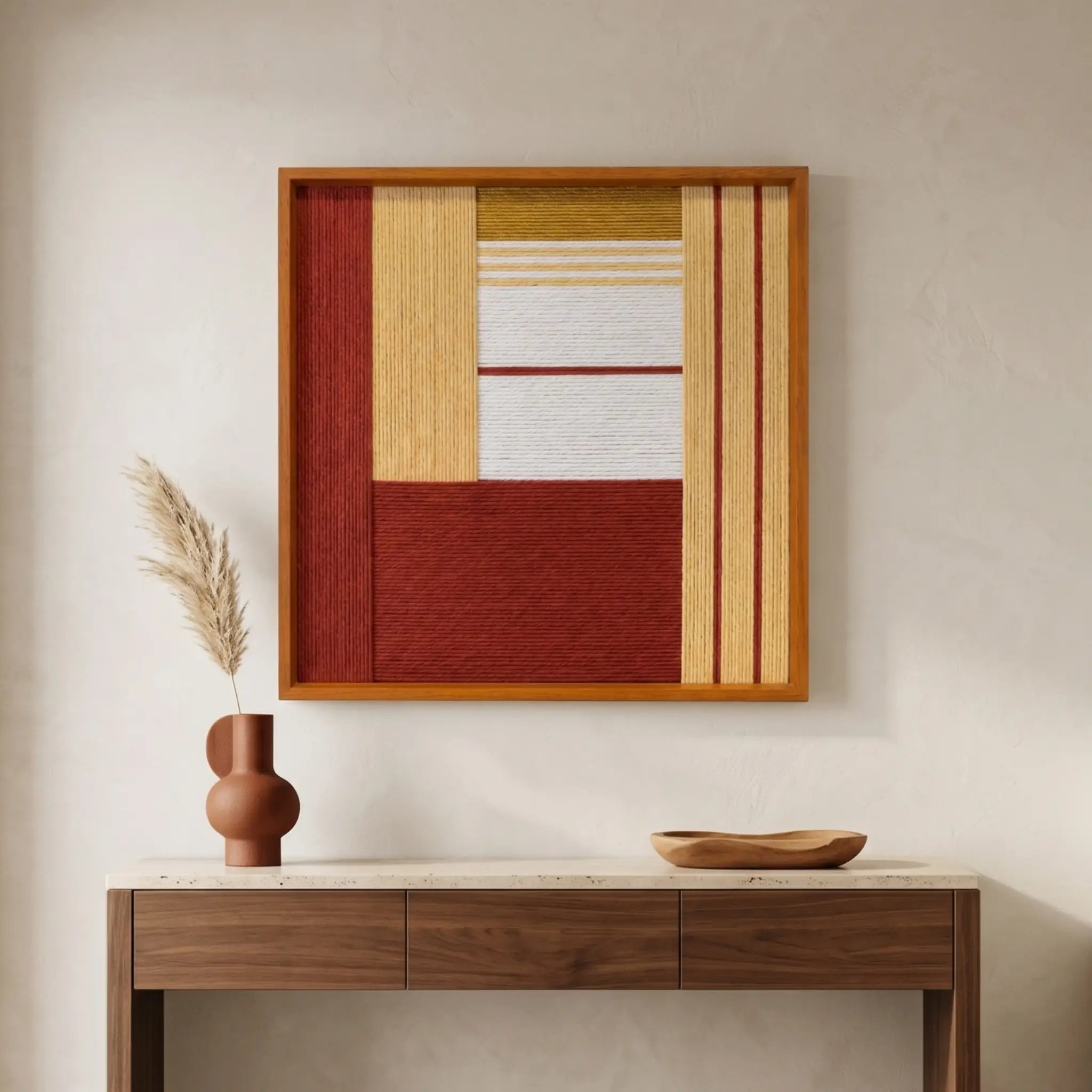 Large hand-woven wool tapestry displayed above a dark wood console table in a minimalist living room with pampas grass and terracotta decor.