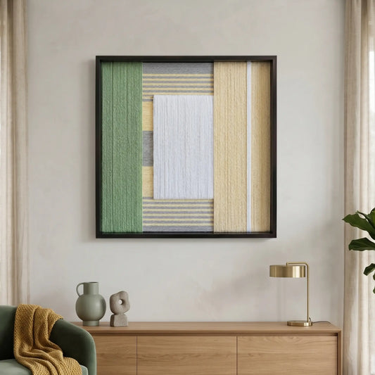 Large square Sun-Baked fiber wall art with sage green, ochre, and white hand-woven wool patterns hanging above a light oak sideboard.
