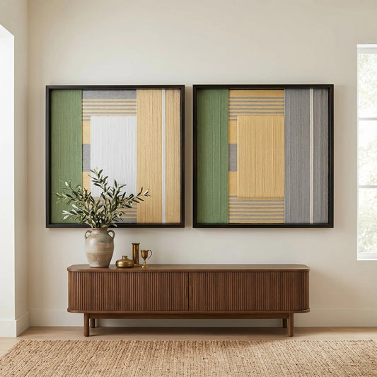 The Sun-Baked hand-woven textile wall art duo styled cleanly above a warm wooden sideboard with a ceramic vase, providing a bright, earthy aesthetic.