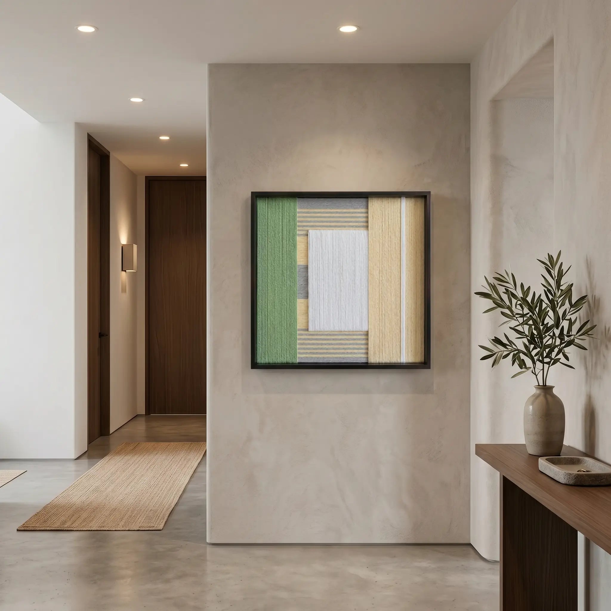 Sun-Baked textured fiber art creating a warm focal point in a minimalist home foyer above a simple wooden console.