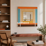 Sun-Drenched Days colorful yarn-framed mirror displayed above a rust bench in a warm modern reading area.