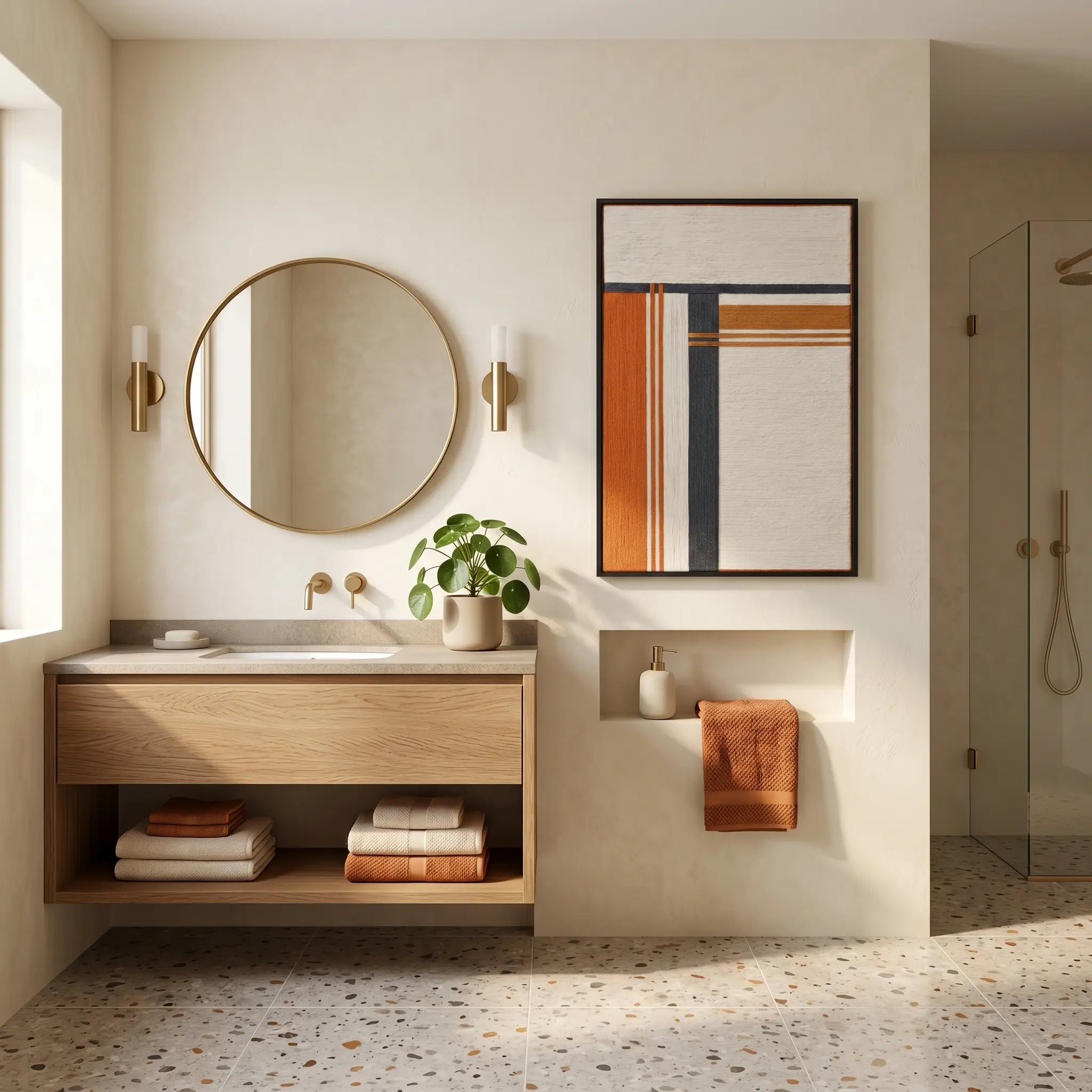 Large hand-woven wool wall art with orange and navy geometric patterns displayed in a modern minimalist bathroom with oak vanity.