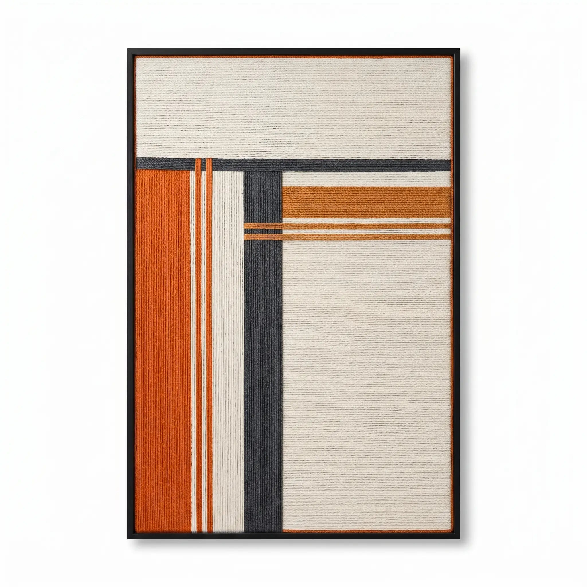 Professional studio shot of the Sunset Construct hand-woven wool wall art in a black frame against a clean white background.