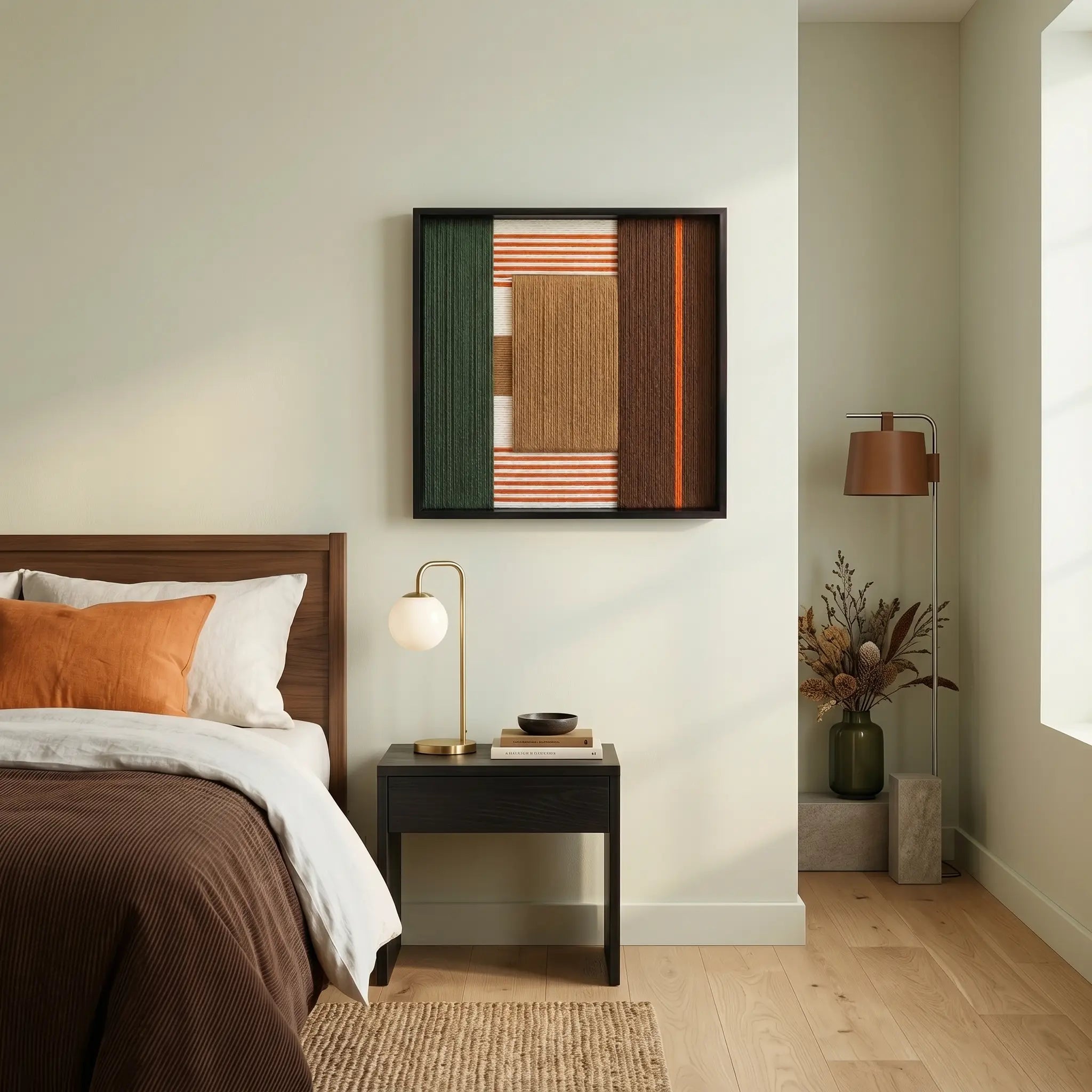 Framed textured wool wall art styled in a cozy bedroom above a dark wood nightstand with matching earth-toned linens.