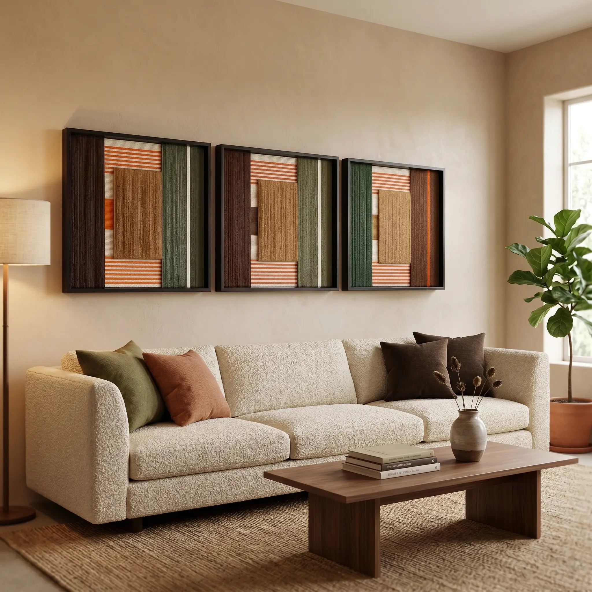 Three framed Sylvan Glow hand-woven textile wall art pieces hanging horizontally above a comfortable beige sofa in a contemporary living room.