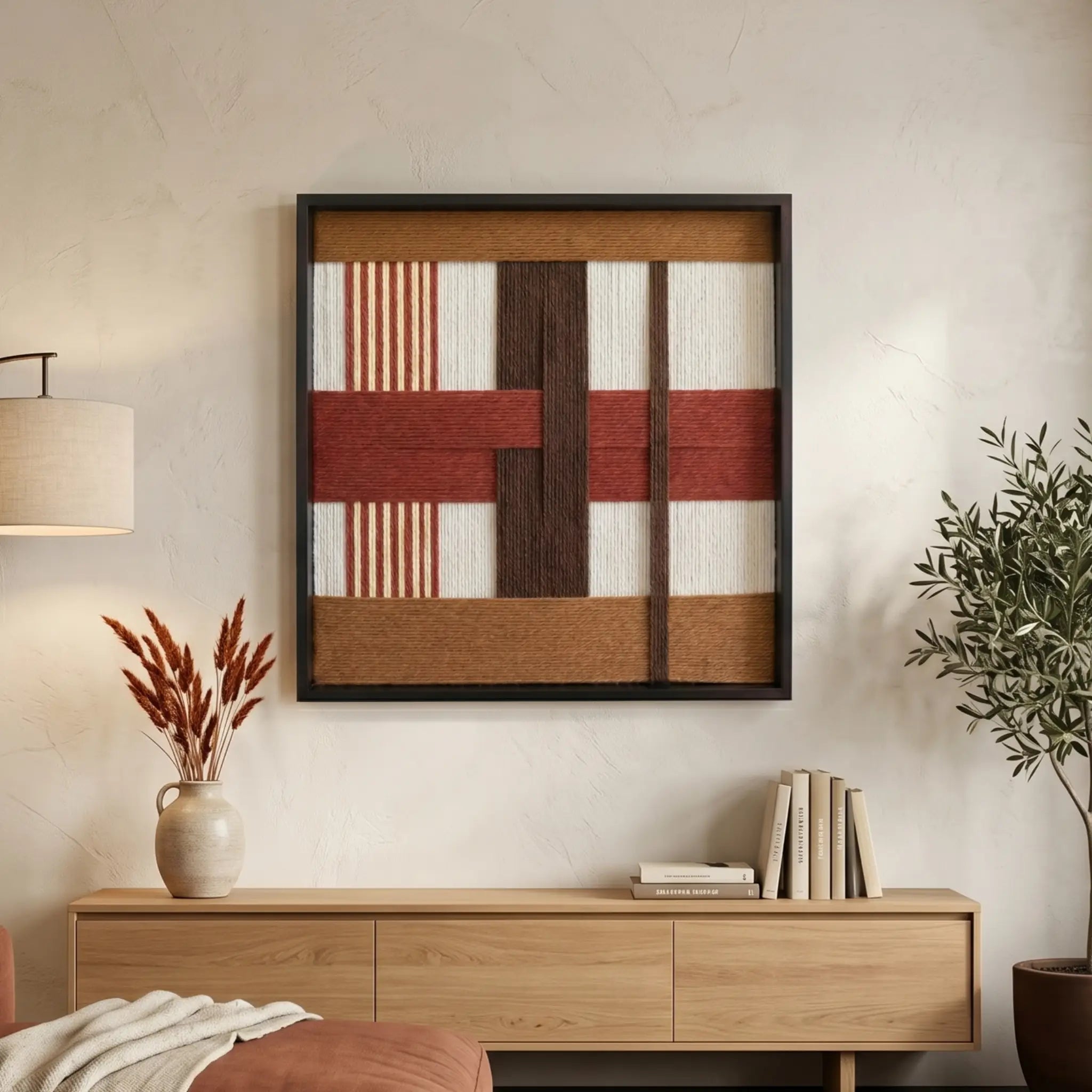 Large square hand-woven wool wall art in terracotta and espresso tones hanging above a light oak sideboard in a minimalist living room.