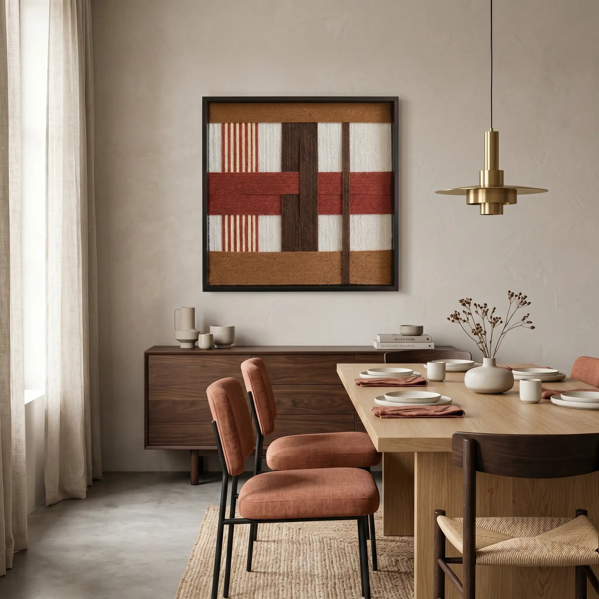 Modern earth-toned fiber wall art styled in a contemporary dining room with a large wooden table and terracotta upholstered chairs.