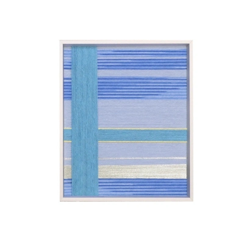 Front view of That Summer, the Blue Sea yarn woven wall art on a plain white background, showing exact proportions and clean blue stripe design