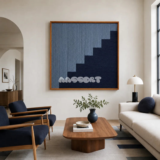 The Eighth Level blue stepped textile wall art displayed above a coffee table in a bright modern conversation living room.