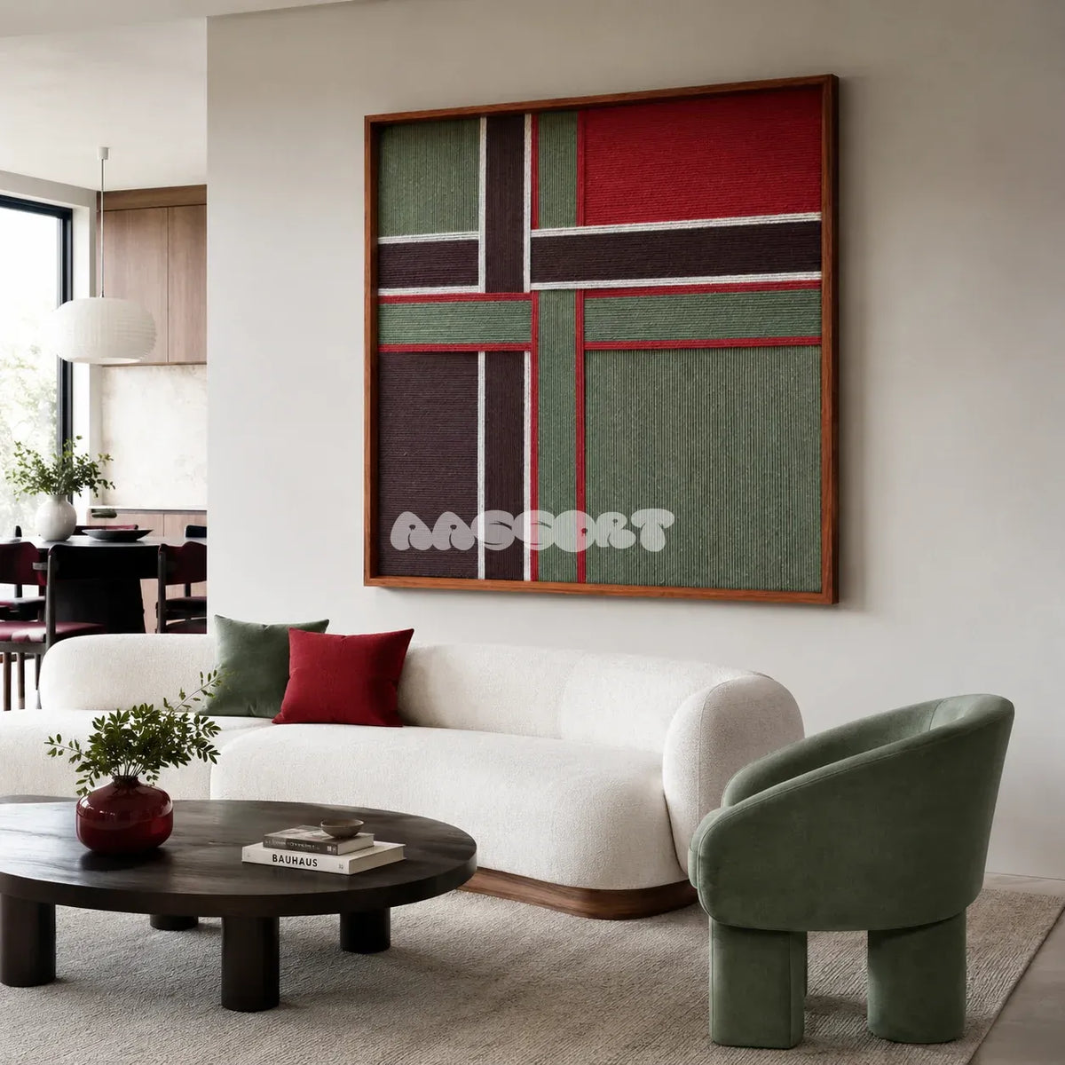 The Gift Ribbon geometric yarn wall art displayed above a white sofa with a green accent chair in a contemporary living room.