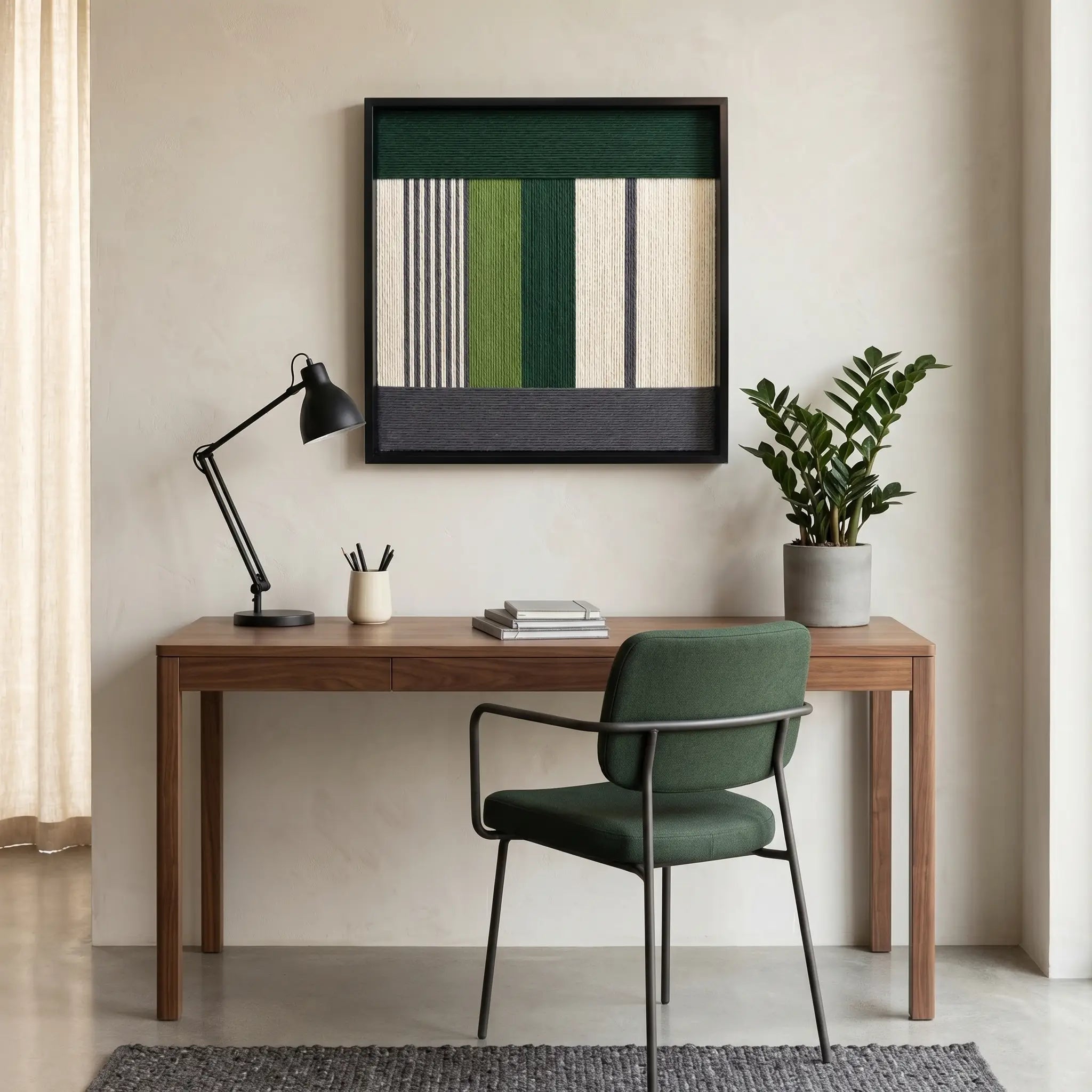 Square hand-woven textile art piece displayed above a minimalist wooden desk and green office chair in a sunlit workspace.
