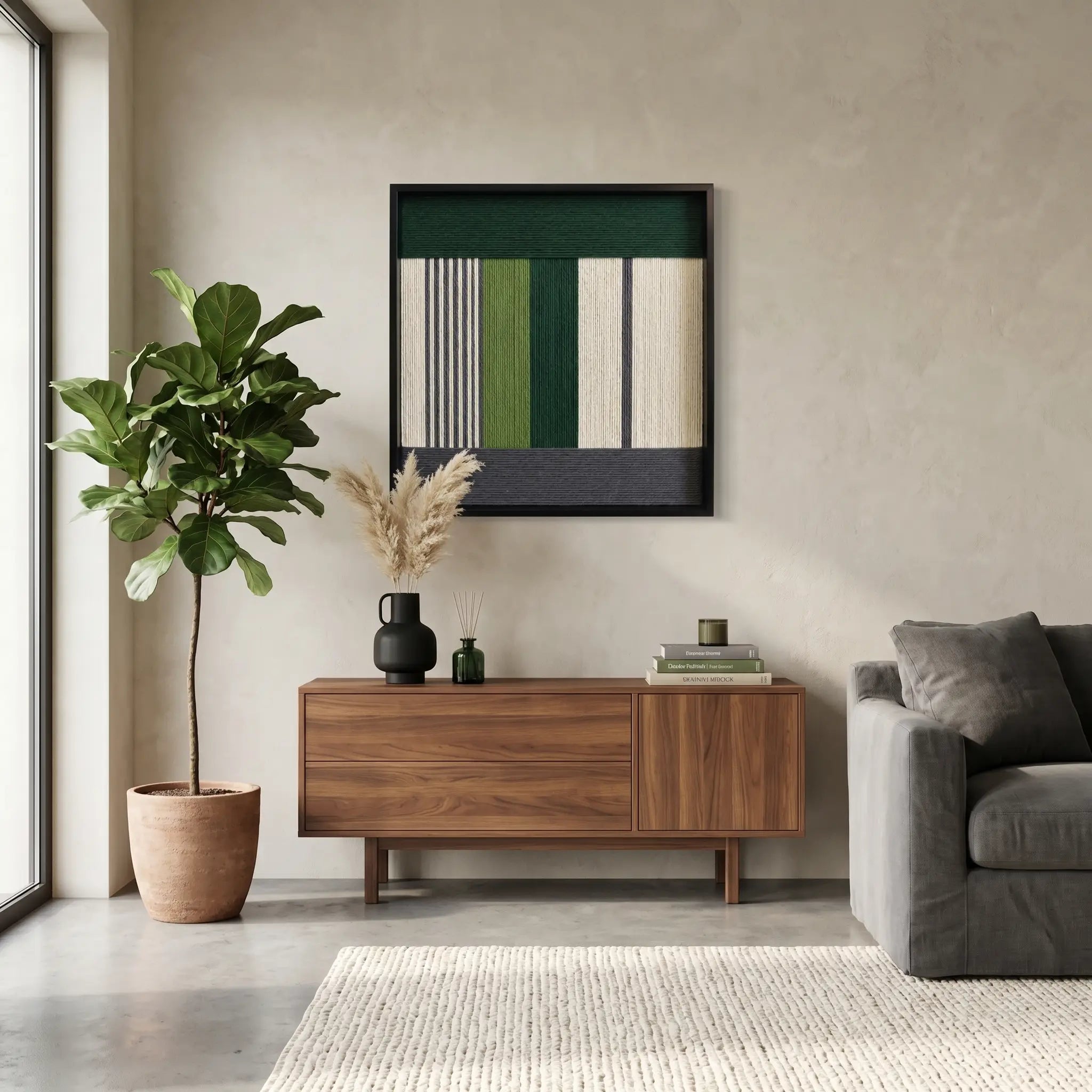 Modern hand-woven wool tapestry centered in a contemporary living space featuring a wooden cabinet and a minimalist grey sectional sofa.