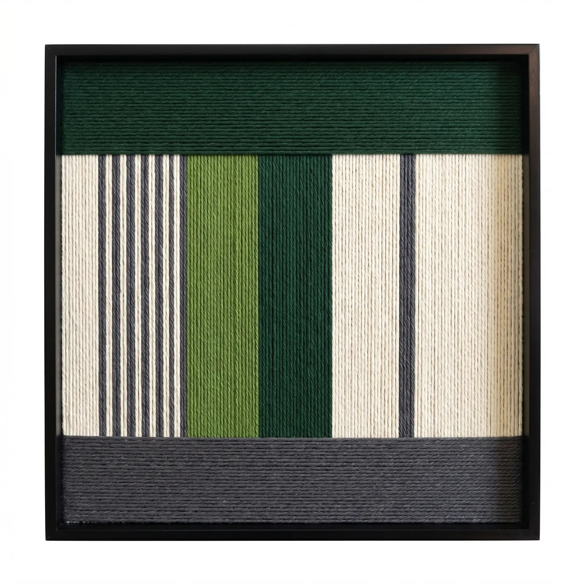 Direct front view of The Interval hand-woven wool wall art showing the intricate vertical stripes and deep green horizontal fiber textures.