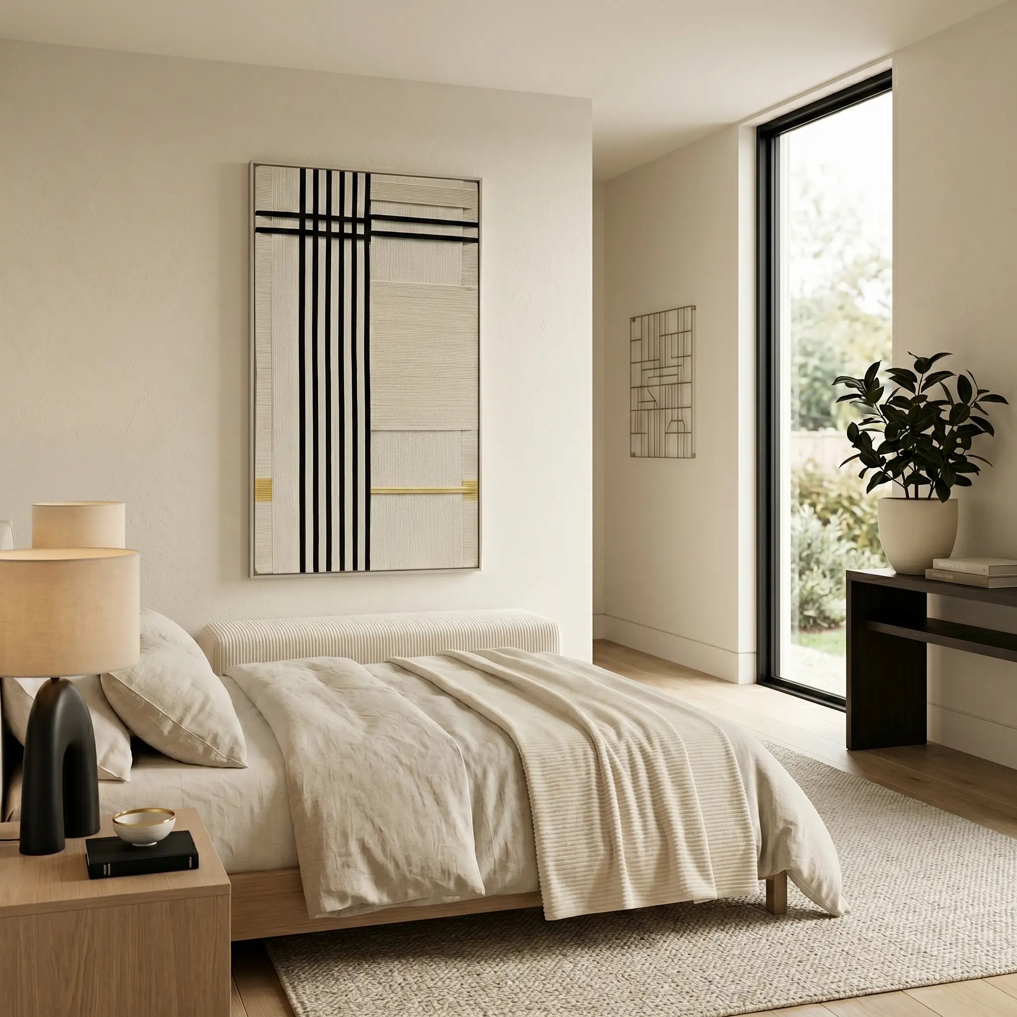 Vertical hand-woven wool wall hanging styled in a serene bedroom setting above a light wood bed with neutral linens and natural light.