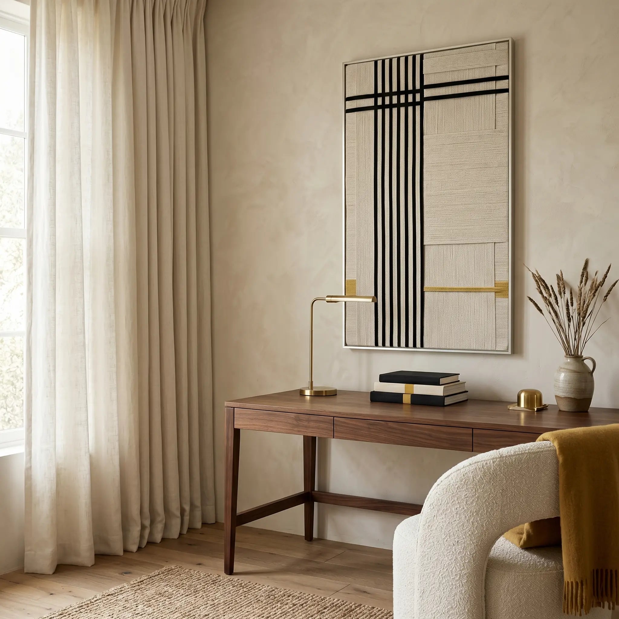 Textured wool wall decor in a silver frame placed above a walnut desk in a professional home office with beige curtains.