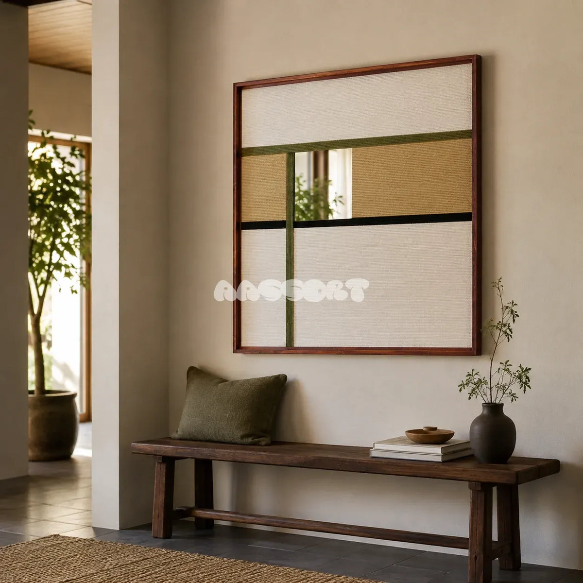 Through the Mirror neutral geometric yarn-framed mirror displayed above a dark wood bench in a calm modern entryway.