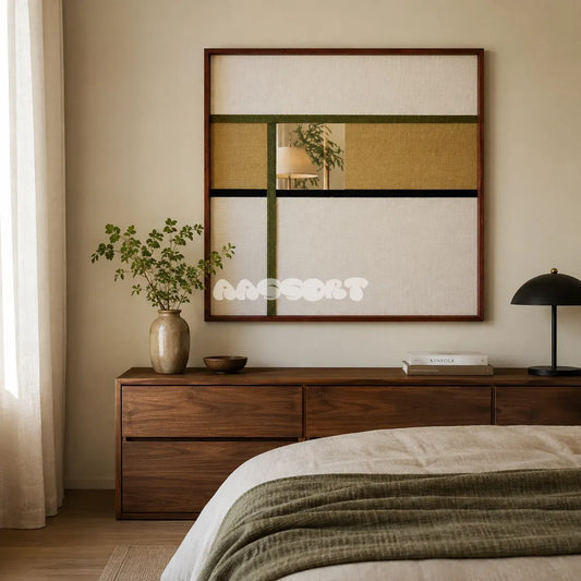 Through the Mirror cream, tan, olive, and black yarn-framed mirror displayed above a walnut dresser in a warm modern bedroom.