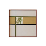 Front view of the Through the Mirror geometric yarn-framed mirror in cream, tan, olive green, and black on a white background.