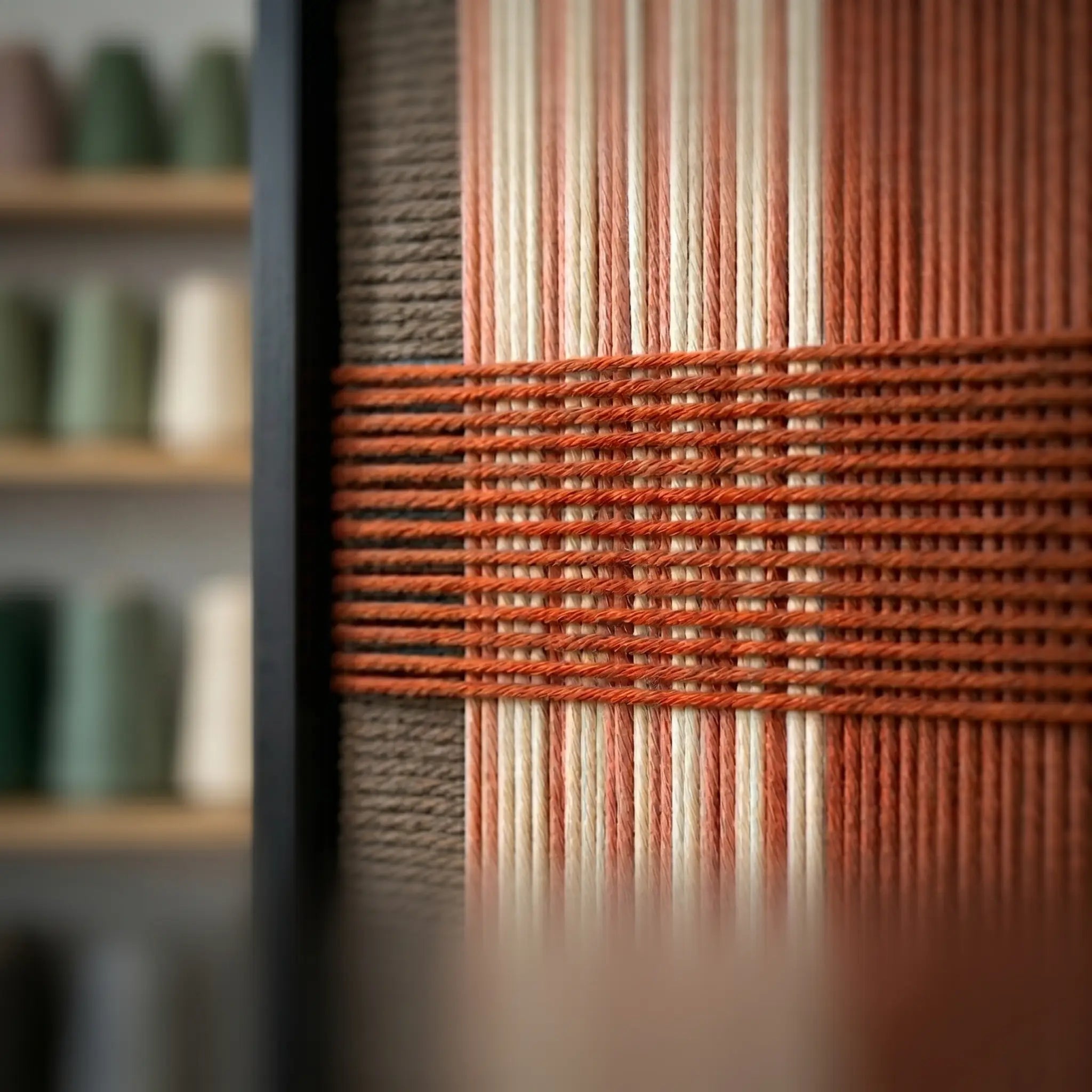 Extreme angled macro close-up of the Tuscan Plaid hand-woven textile art highlighting the textured terracotta horizontal yarn crossing over brown and rust vertical stripes.